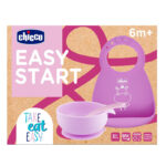 طاقم تغذية (EASY START) سيليكون (صحن + ملعقة + مريقة) تشيكو (وردي) +6M