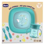 طاقم صحن أكل وكوب وملعقة وشوكة تشِيكُو WEANING SET أزرق +12M
