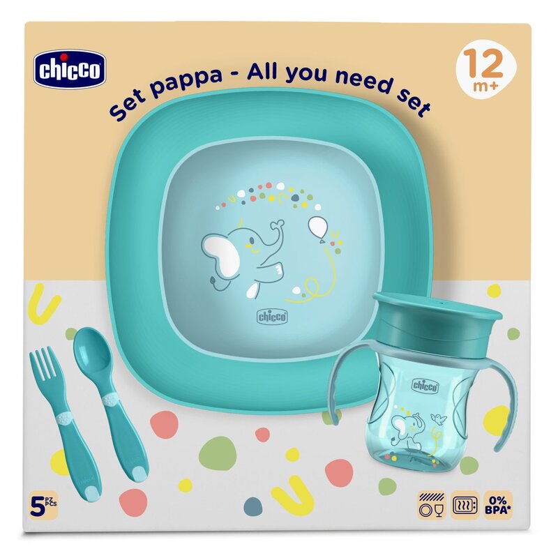 طاقم صحن أكل وكوب وملعقة وشوكة تشِيكُو WEANING SET أزرق +12M